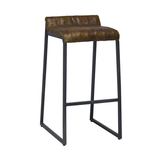27" Brown And Black Genuine Leather And Iron Backless Counter Height Bar Chair