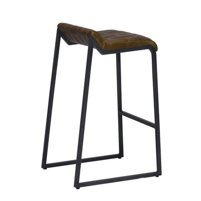 27" Brown And Black Genuine Leather And Iron Backless Counter Height Bar Chair