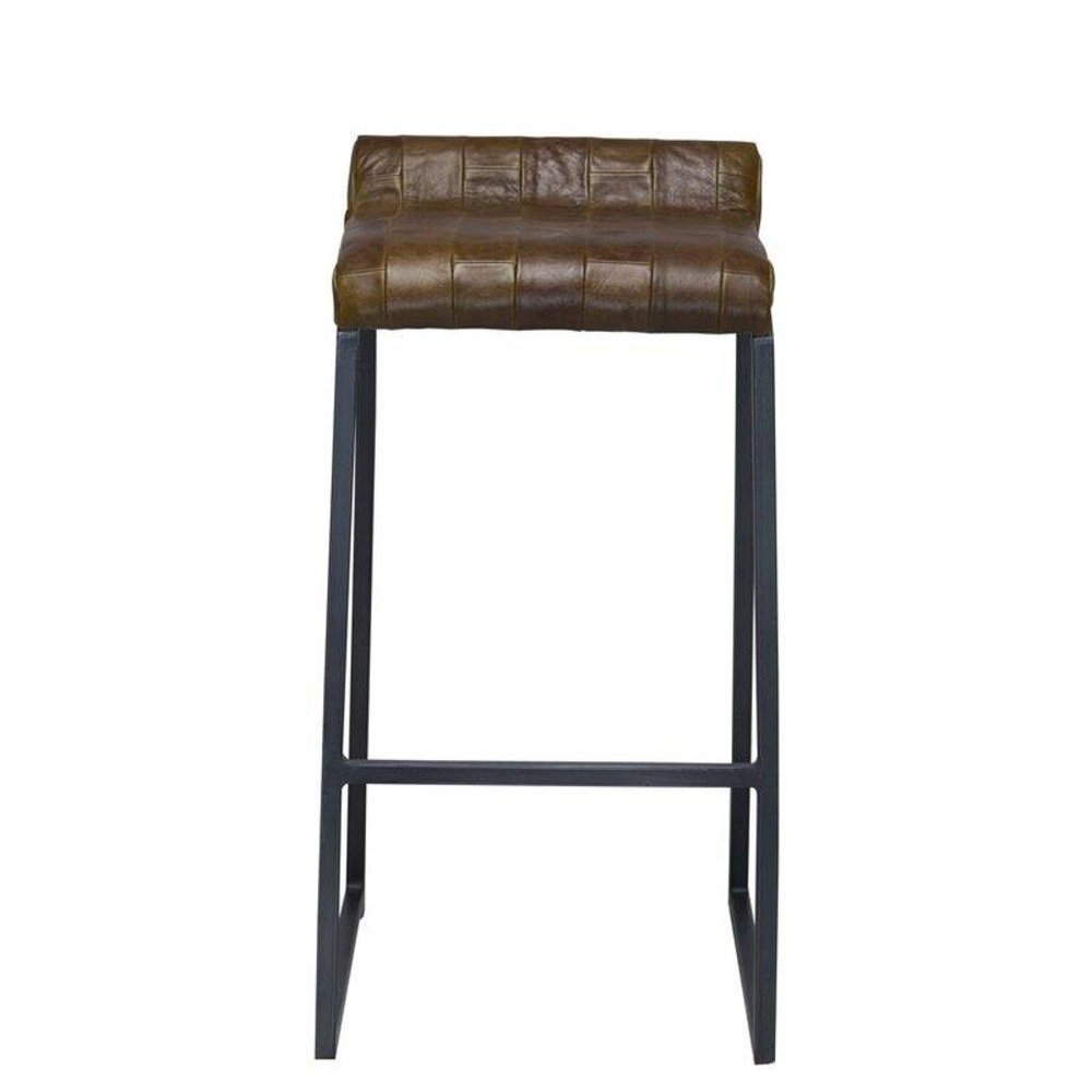 27" Brown And Black Genuine Leather And Iron Backless Counter Height Bar Chair