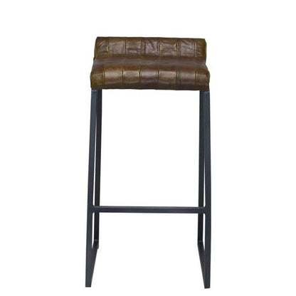 27" Brown And Black Genuine Leather And Iron Backless Counter Height Bar Chair