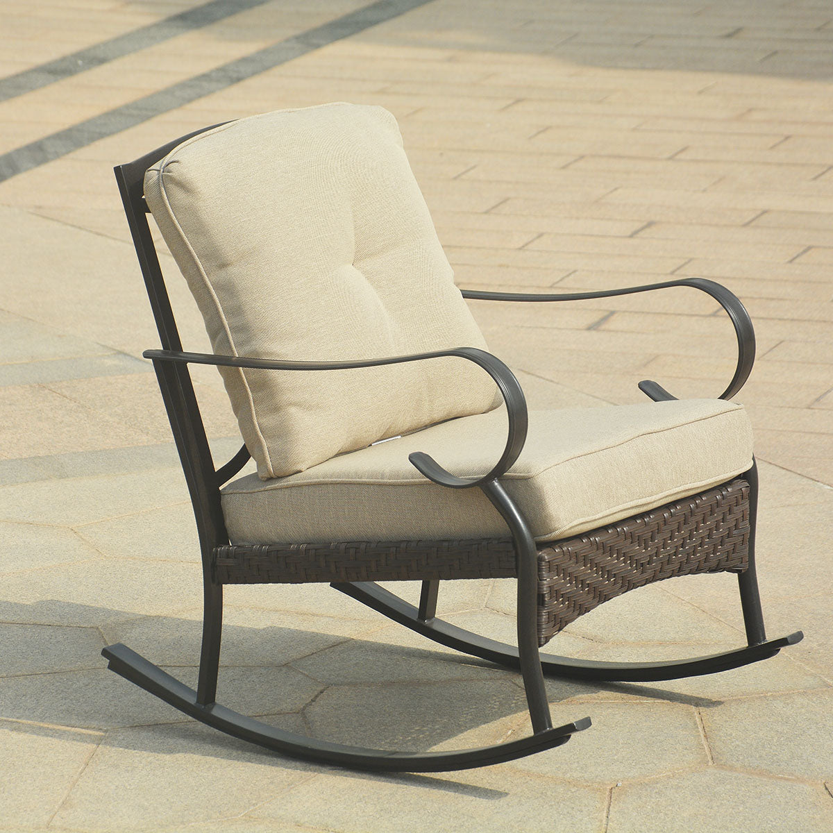 25" Black Steel Patio Rocking Chair With Beige Cushion