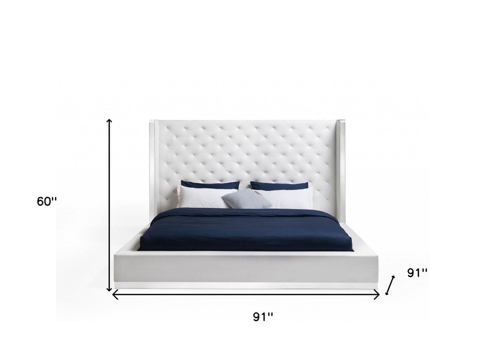 White Tufted Faux Leather Upholstered King Bed Frame