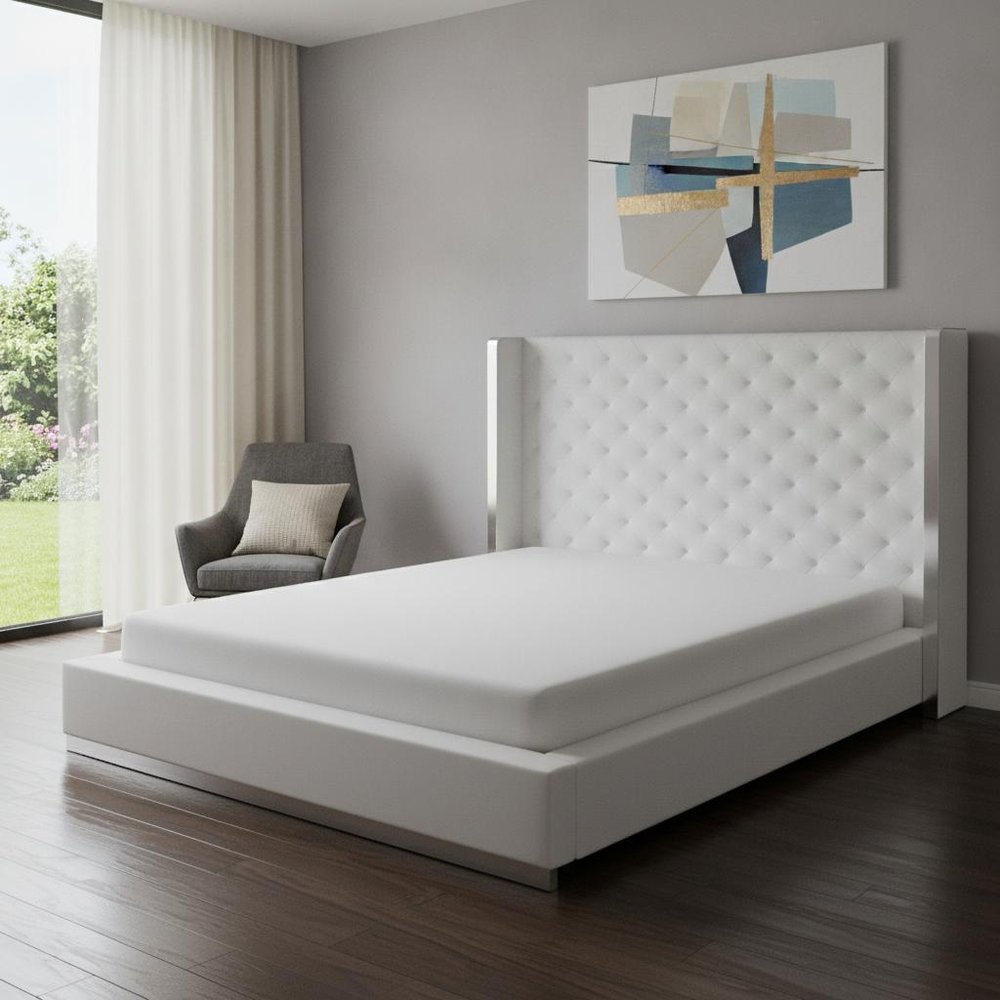 White Tufted Faux Leather Upholstered King Bed Frame