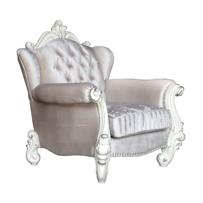 44" Ivory and Antiqued White Fabric Damask Tufted Chair and a Half And Toss Pillows