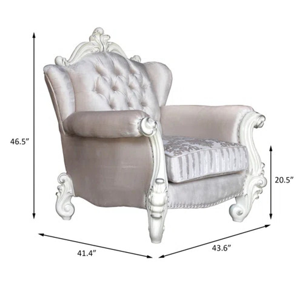 44" Ivory and Antiqued White Fabric Damask Tufted Chair and a Half And Toss Pillows