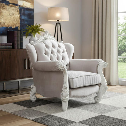44" Ivory and Antiqued White Fabric Damask Tufted Chair and a Half And Toss Pillows