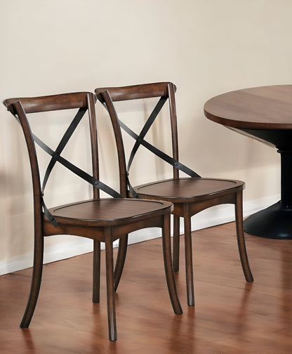 Set of Two Brown Cross Back Dining Side Chairs