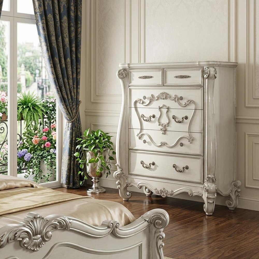 47" White Carved Scrollwork Solid Wood Five Drawer Dresser