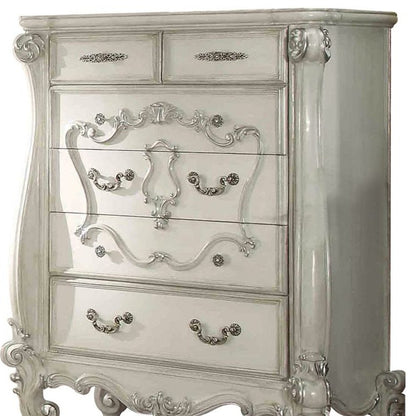47" White Carved Scrollwork Solid Wood Five Drawer Dresser