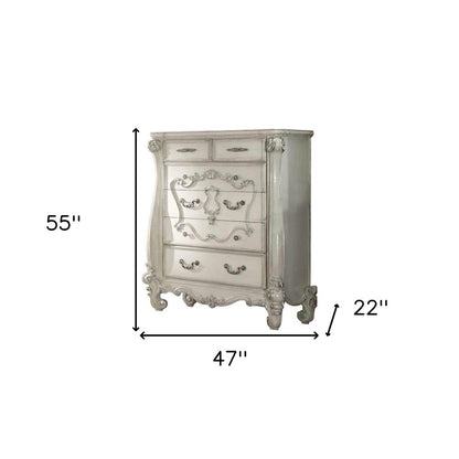 47" White Carved Scrollwork Solid Wood Five Drawer Dresser