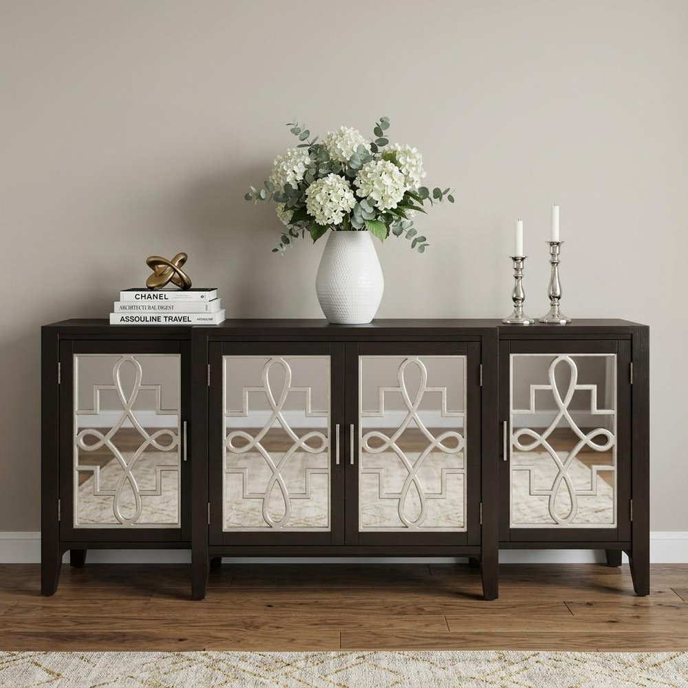 72" Gray and Silver Mirrored Wood and Glass Distressed Solid Console Table