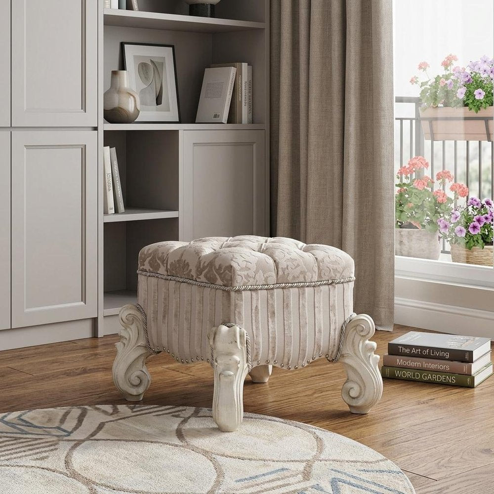 22" Ivory and Bone Fabric Floral Tufted Vanity Chair