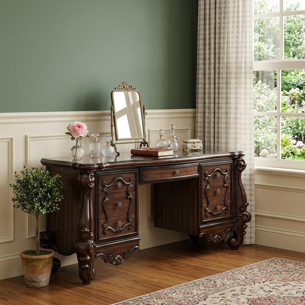 67" Brown Vanity Table With Seven Drawers
