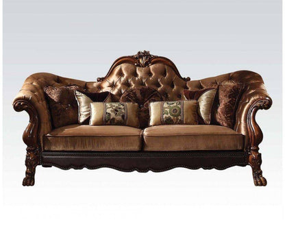 73" Dark Brown And Brown Velvet Loveseat and Toss Pillows