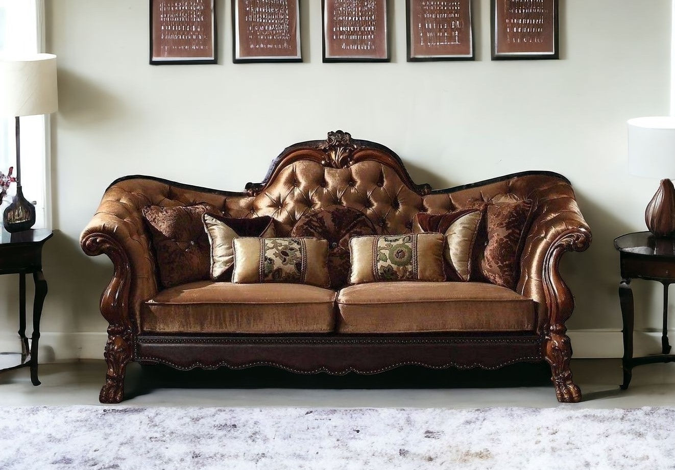 73" Dark Brown And Brown Velvet Loveseat and Toss Pillows