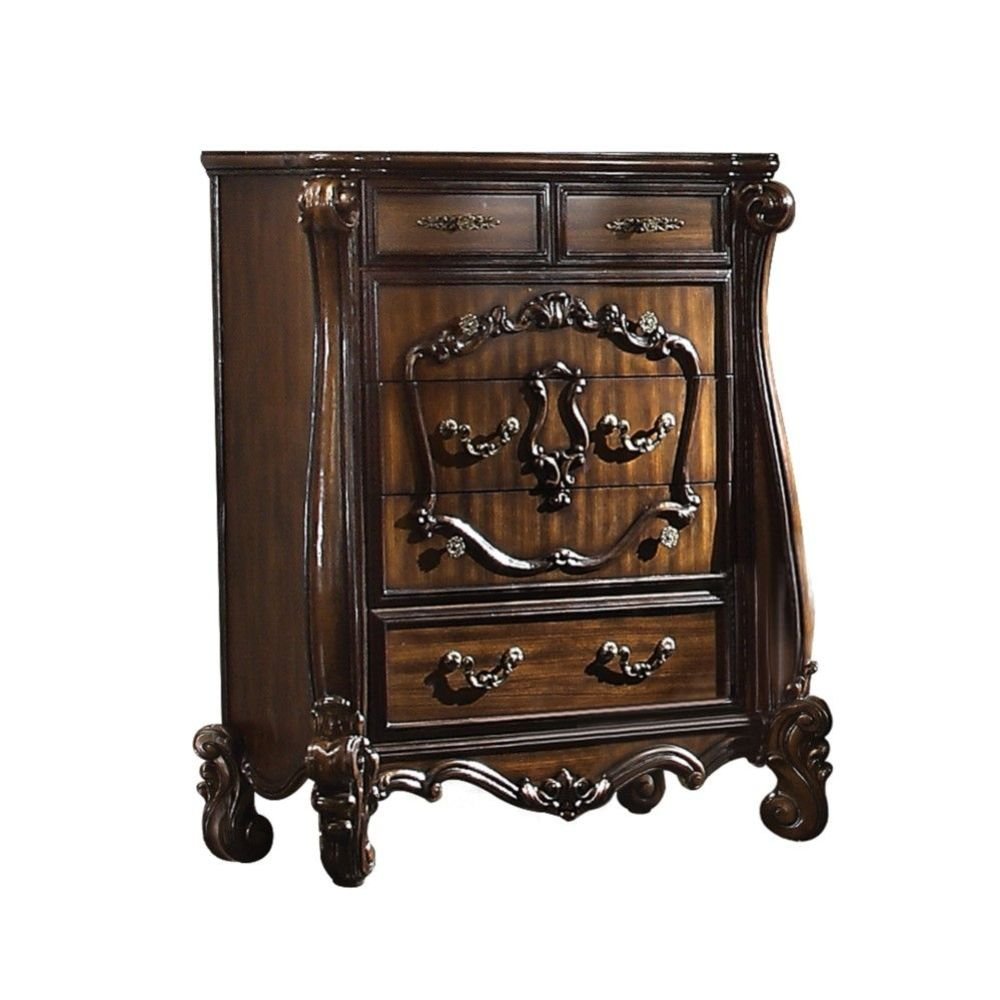 47" White Carved Scrollwork Solid Wood Five Drawer Dresser