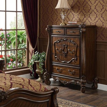 47" White Carved Scrollwork Solid Wood Five Drawer Dresser