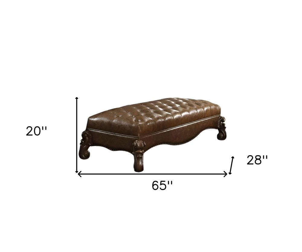 65" Brown Tufted Faux Leather And Polyresin Upholstered Bench