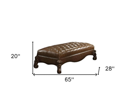 65" Brown Tufted Faux Leather And Polyresin Upholstered Bench