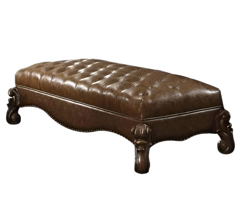65" Brown Tufted Faux Leather And Polyresin Upholstered Bench