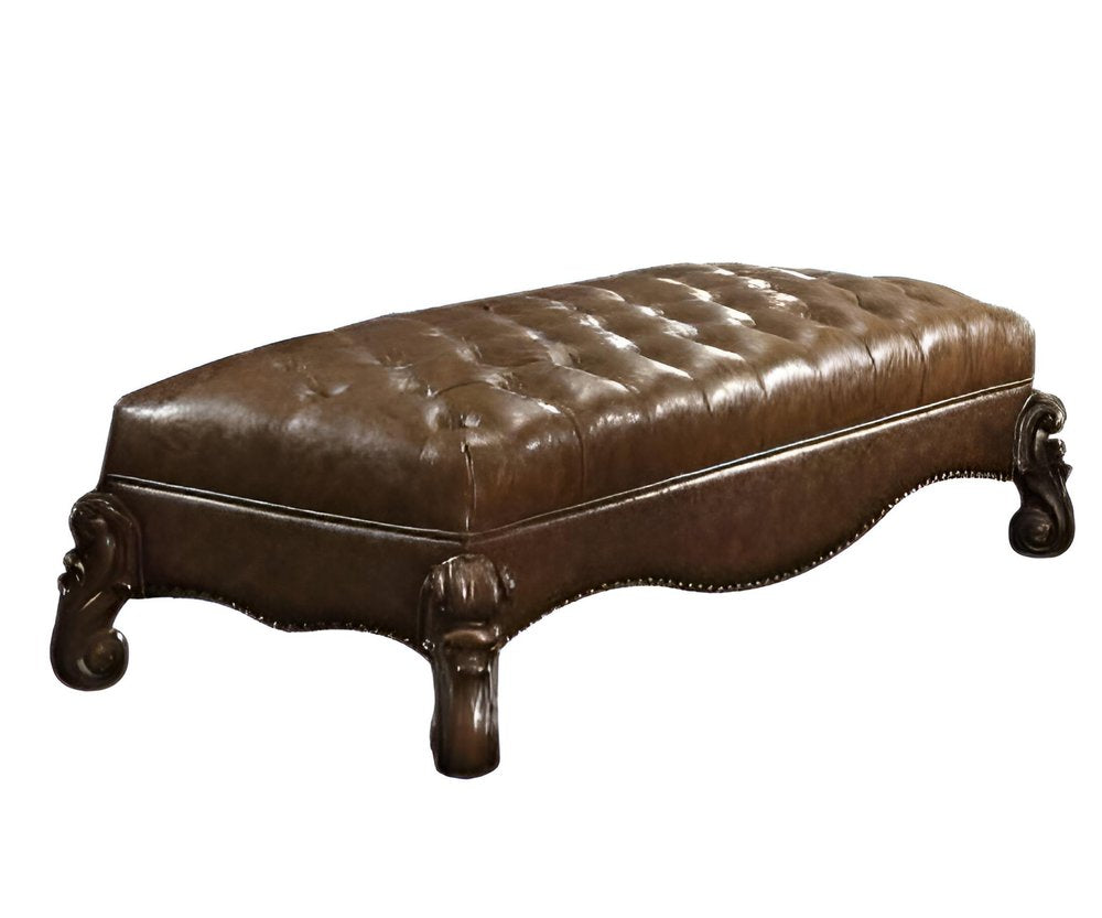 65" Brown Tufted Faux Leather And Polyresin Upholstered Bench