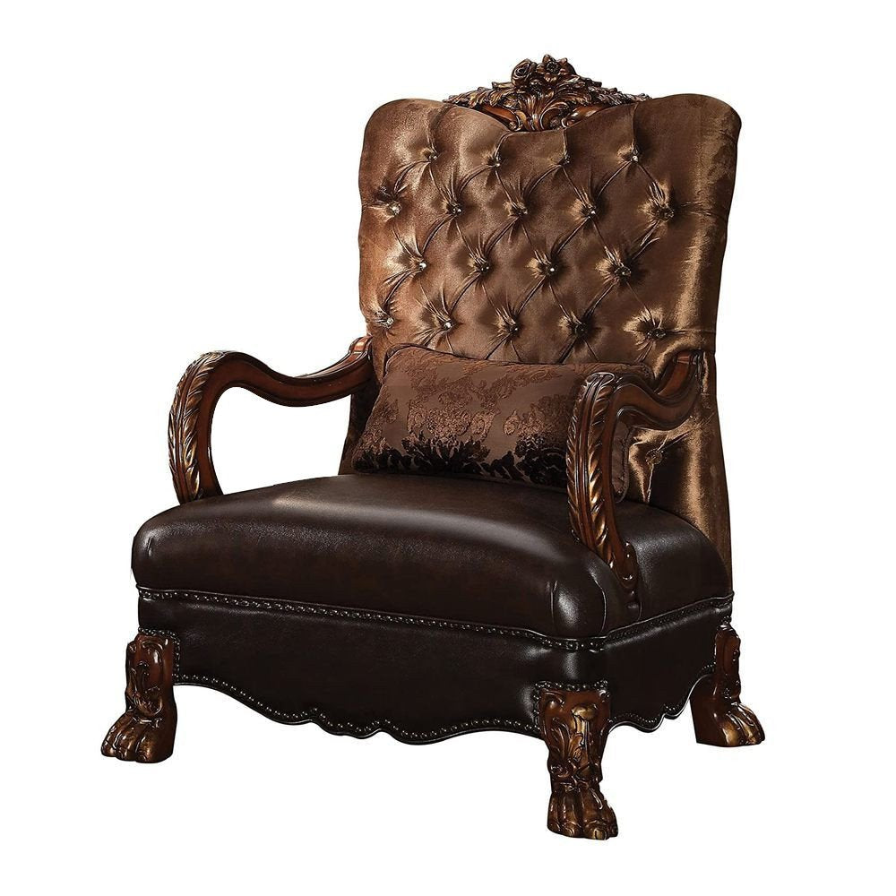 34" Golden Brown and Chocolate Velvet Tufted Arm Chair And Toss Pillow