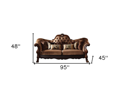 95" Golden Brown Velvet Curved Sofa And Toss Pillows With Brown Legs