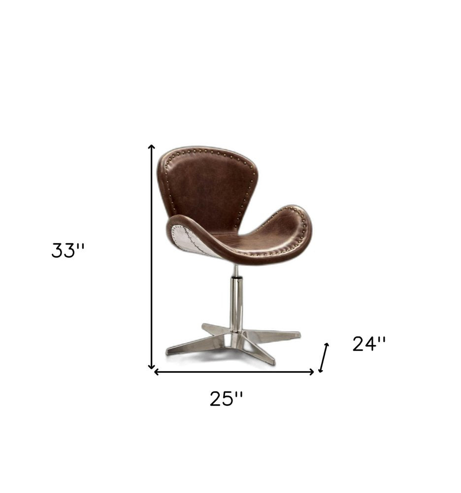 25" Brown and Silver Faux Leather Distressed Swivel Arm Chair