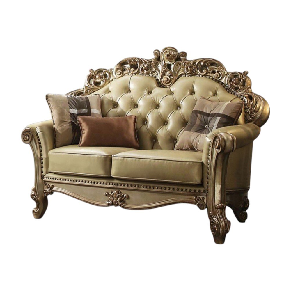 70" Bone And Gold Faux Leather Curved Loveseat