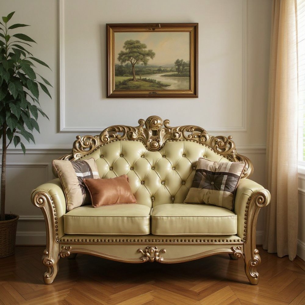 70" Bone And Gold Faux Leather Curved Loveseat