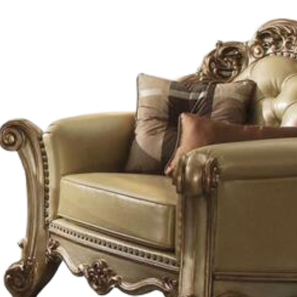 48" Bone And Gold Faux Leather Tufted Chair and a Half And Toss Pillows