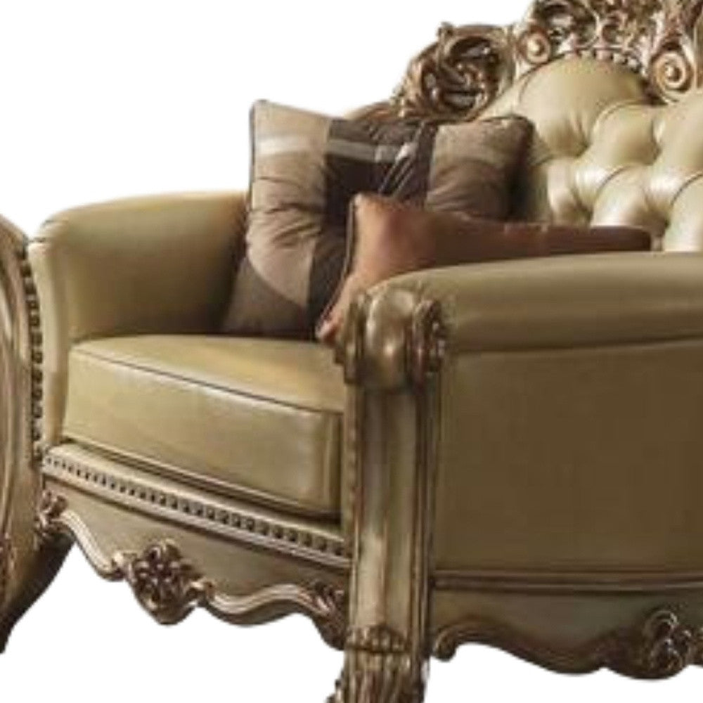 48" Bone And Gold Faux Leather Tufted Chair and a Half And Toss Pillows