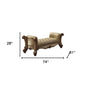 74" Bone And Gold Tufted Faux Leather And Solid Wood Upholstered Bench