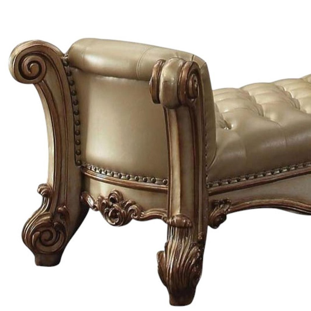 74" Bone And Gold Tufted Faux Leather And Solid Wood Upholstered Bench