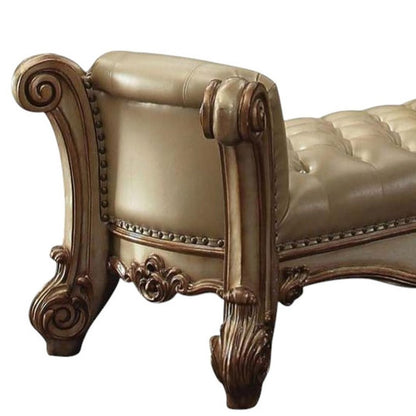74" Bone And Gold Tufted Faux Leather And Solid Wood Upholstered Bench