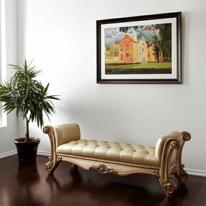 74" Bone And Gold Tufted Faux Leather And Solid Wood Upholstered Bench