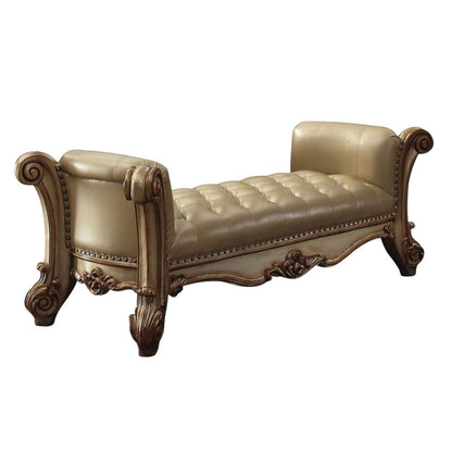 74" Bone And Gold Tufted Faux Leather And Solid Wood Upholstered Bench
