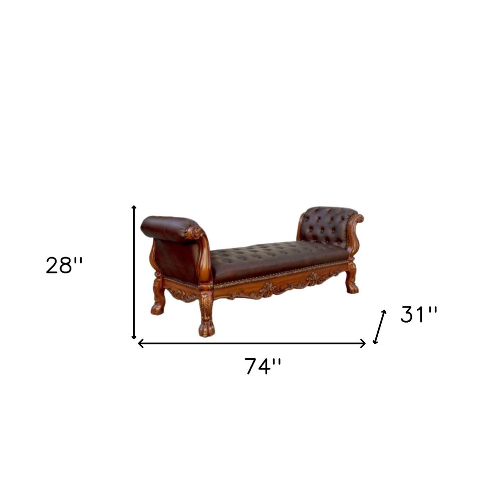 74" Bone And Gold Tufted Faux Leather And Solid Wood Upholstered Bench