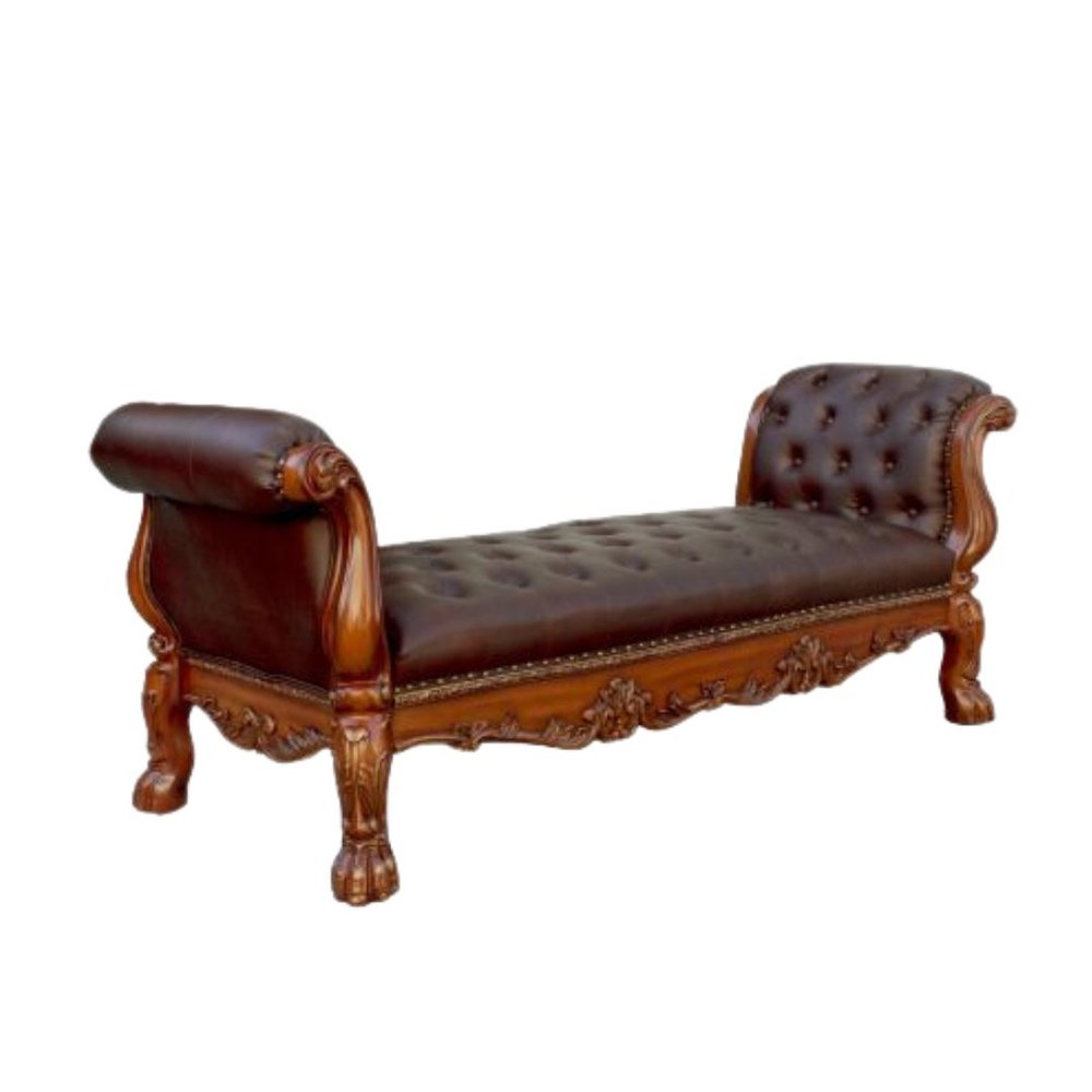 74" Bone And Gold Tufted Faux Leather And Solid Wood Upholstered Bench