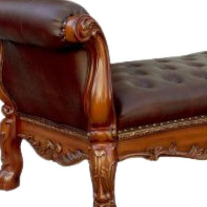 74" Bone And Gold Tufted Faux Leather And Solid Wood Upholstered Bench