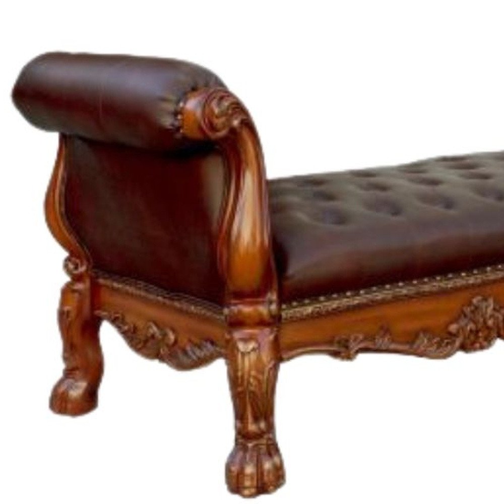 74" Bone And Gold Tufted Faux Leather And Solid Wood Upholstered Bench