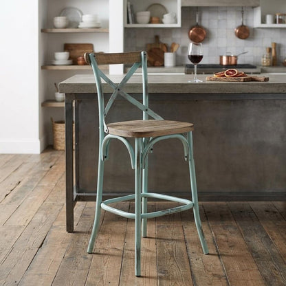 21" Brown And Sky Blue Solid Wood And Metal Bar Chair