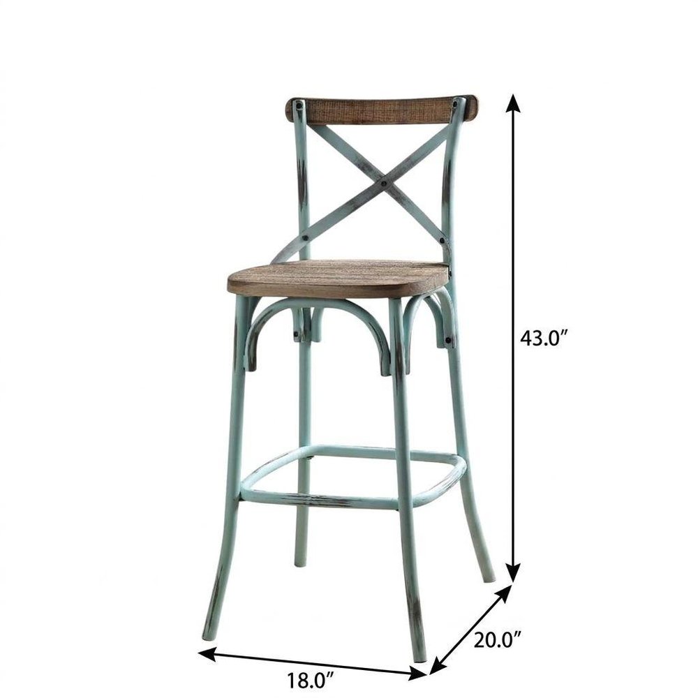 21" Brown And Sky Blue Solid Wood And Metal Bar Chair