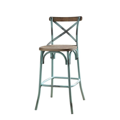 21" Brown And Sky Blue Solid Wood And Metal Bar Chair