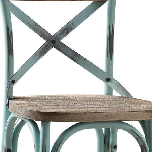 21" Brown And Sky Blue Solid Wood And Metal Bar Chair