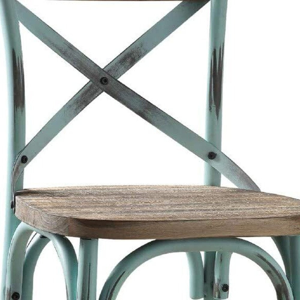 21" Brown And Sky Blue Solid Wood And Metal Bar Chair