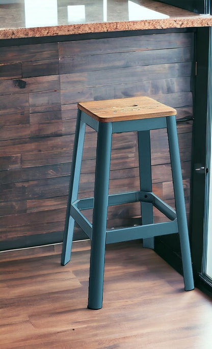 30" Wood Brown And Green Solid Wood And Metal Counter Height Bar Chair