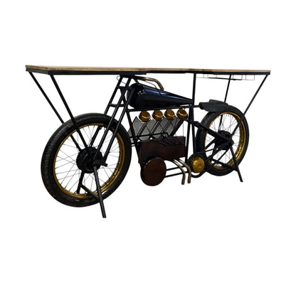 17" Black Metal and Solid Wood Motorcycle Bar Cart With Wine Storage