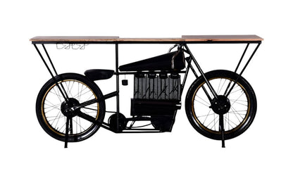 17" Black Metal and Solid Wood Motorcycle Bar Cart With Wine Storage