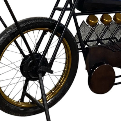 17" Black Metal and Solid Wood Motorcycle Bar Cart With Wine Storage